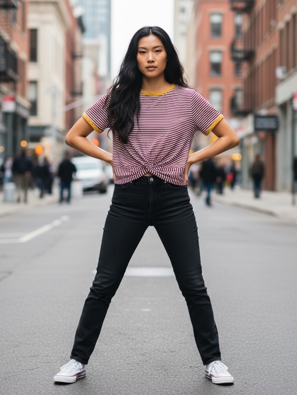 Gaze Striped Maroon Knot Front Tee with Mustard Trim size small